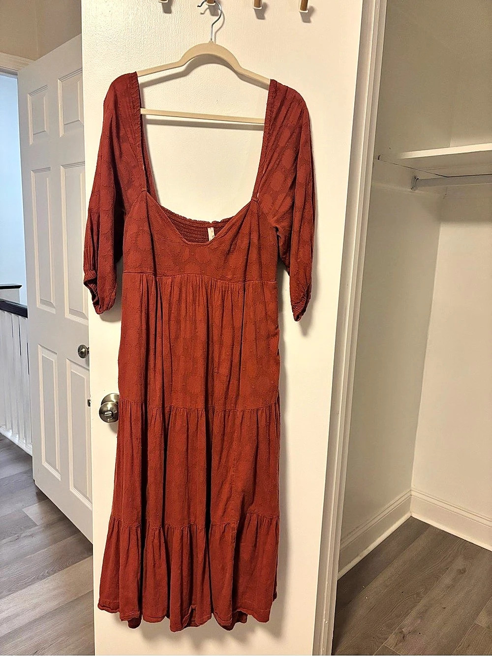 Anthropologie Sweetheart-Neck Tiered Midi Dress Rust Large Petite